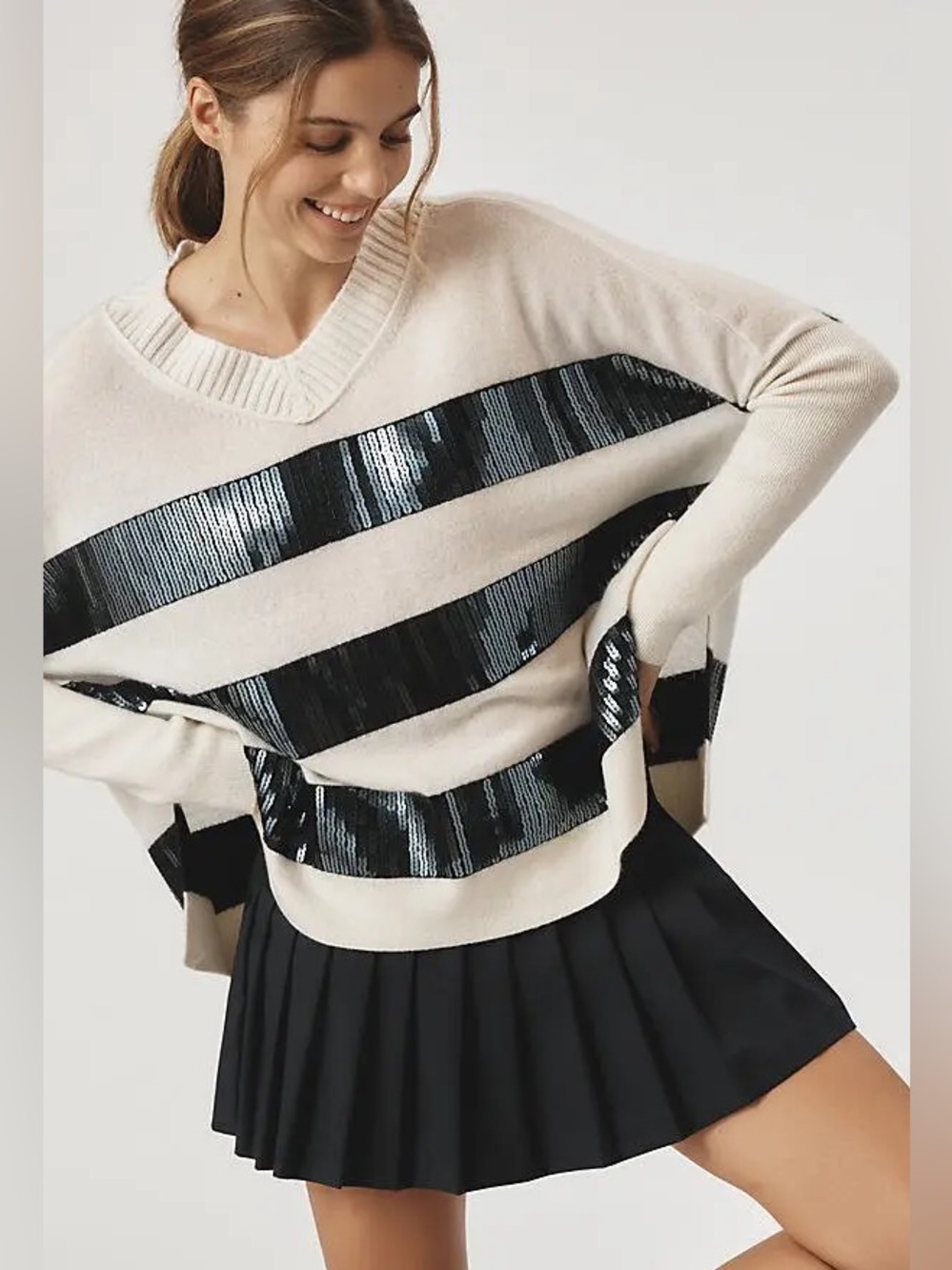 Anthropologie Maeve 100% Cashmere Black Sequin Striped Sweater Size SP